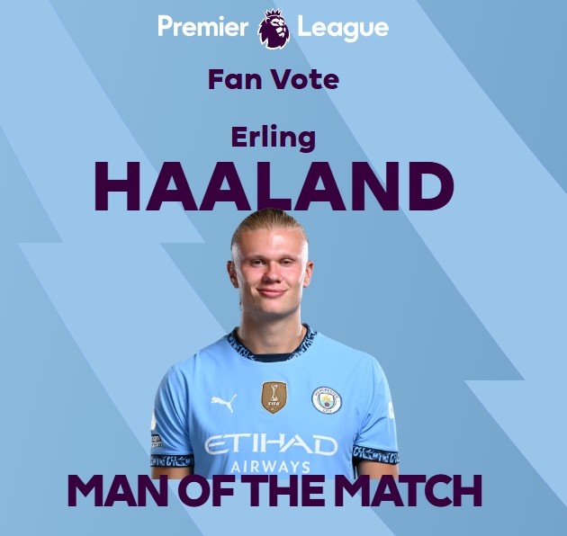  打進致勝球！英超官方：哈蘭德當選曼城1-0熱刺全場最佳球員