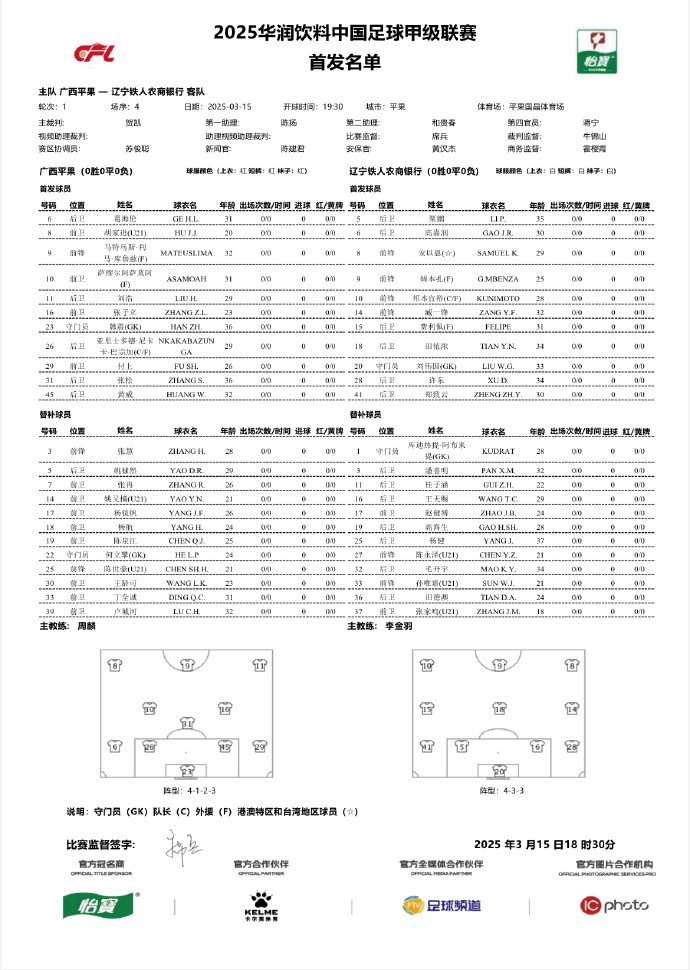  中甲-廣西平果vs遼寧鐵人首發(fā)：三外援對決三外援，安以恩出戰(zhàn)