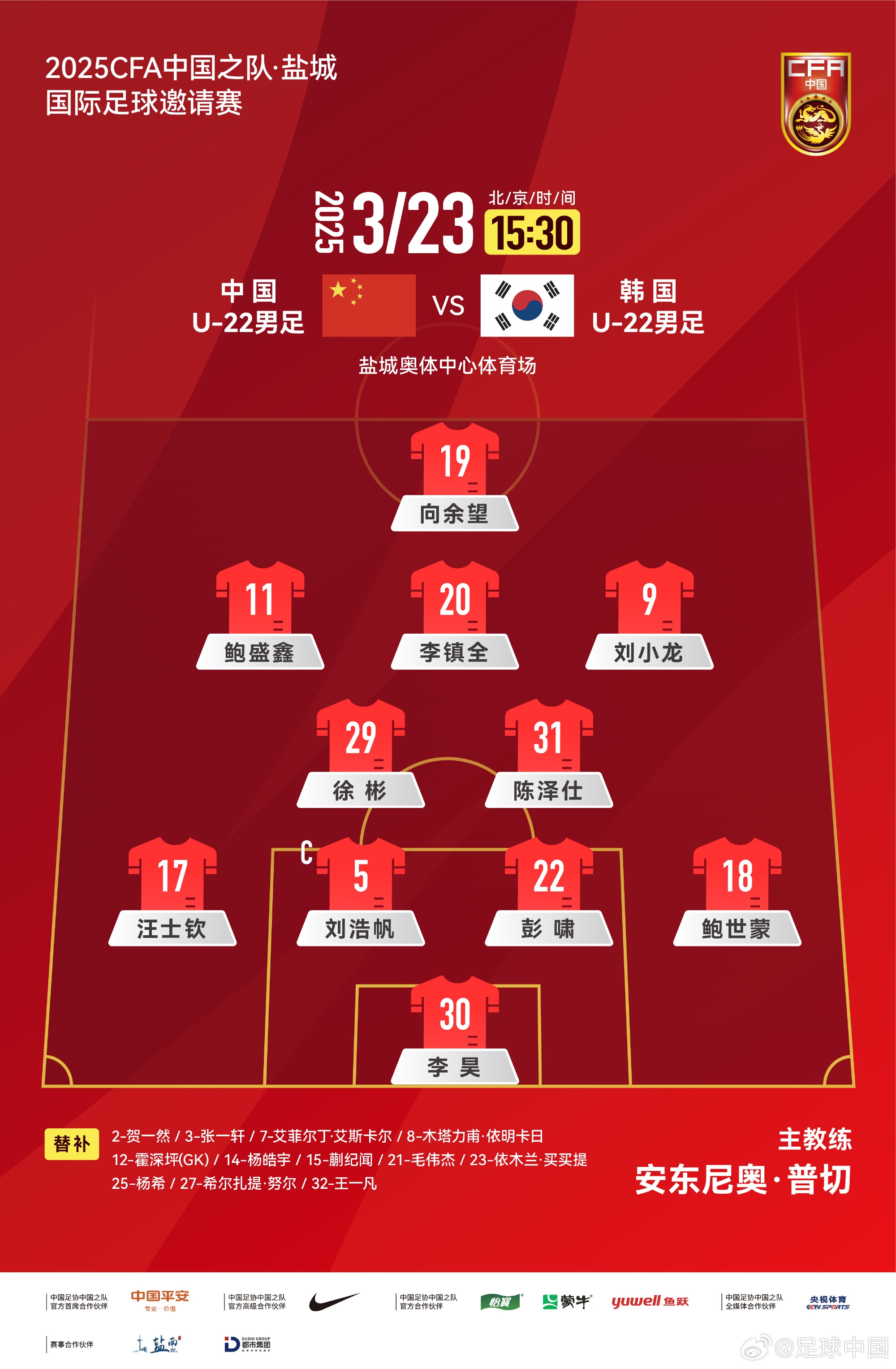  鹽城四國賽，中國U-22男足對(duì)陣韓國U-22男足，中國隊(duì)首發(fā)陣容
